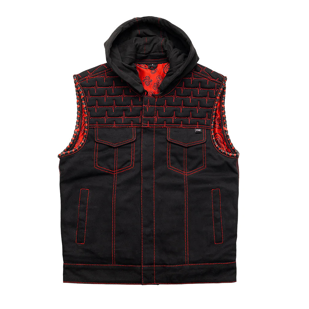 Pulse Men's Black Red Denim Canvas Club MC Motorcycle Vest Quilted Top Removable Hood Red Stitch Design Double Chest Pockets Paisley Liner