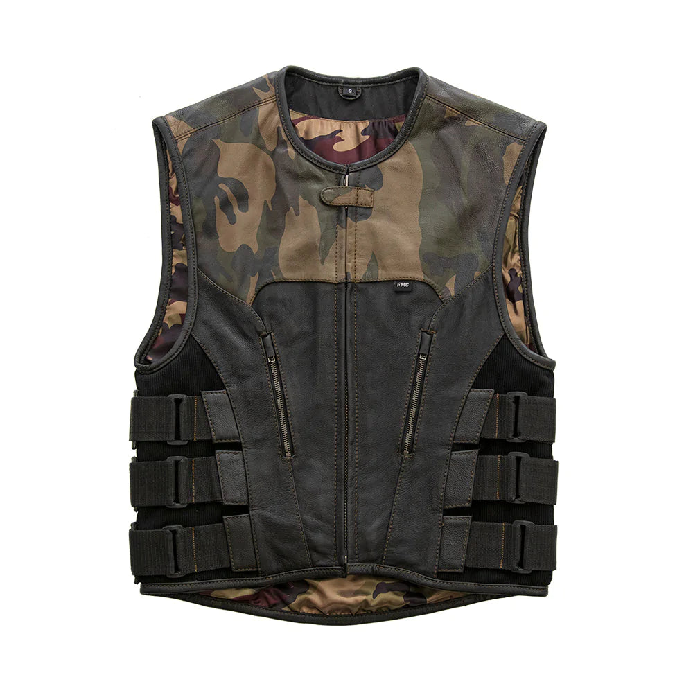 Predator Men's Black and Camo Swat Style Club MC Motorcycle Leather Vest low collar triple side straps velcro adjustable