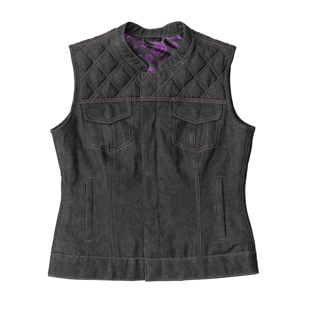 Eclipse Women's Black and Purple Textile Denim Canvas Club MC Motorcycle Vest with Quilted Top Paisley Interior High Banded Collar
