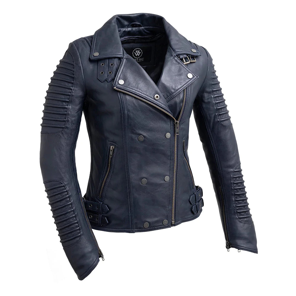 Queens Womens Fashion Leather Jacket Navy Blue