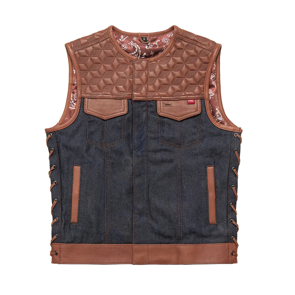 Red Label Men's Denim Canvas Leather Club MC Motorcycle Vest Quilted Diamond Top Tan Blue Jean Denim Lace up sides low collar double chest pockets tan paisley liner