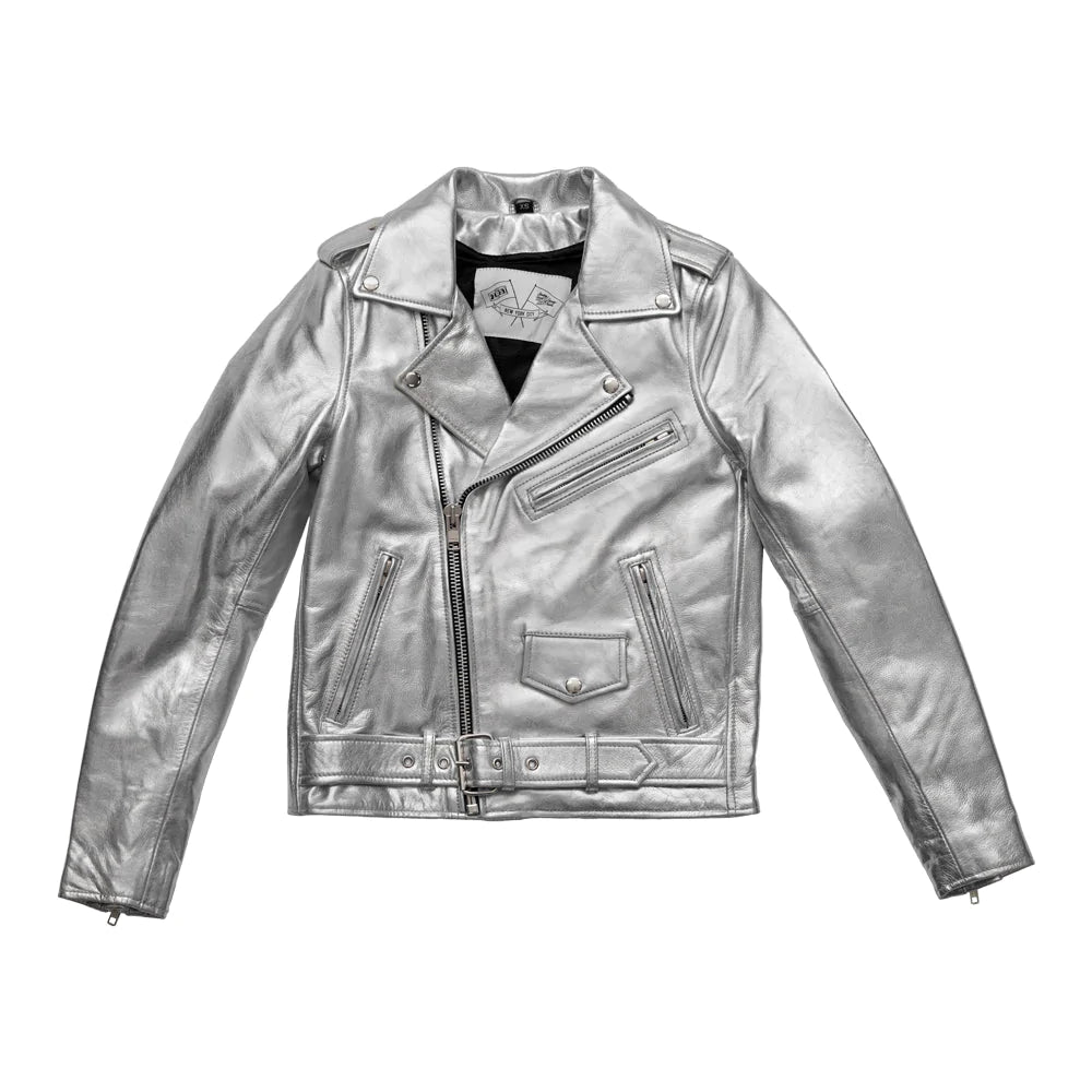 Deirdre Rockstar Silver Chrome Leather Fashion Motorcycle Jacket with Classic V-neck collar asymmetrical front zipper waist belt buckle single slash chest pock double waist pockets