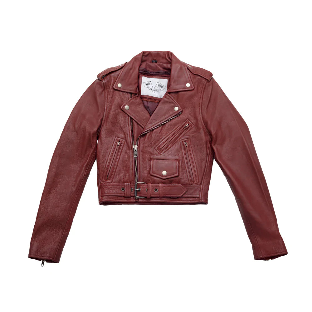 Katy women's classic fashion oxblood red leather motorcycle jacket with v-neck collar asymmetrical front zipper waist belt buckle slash chest and waist pockets