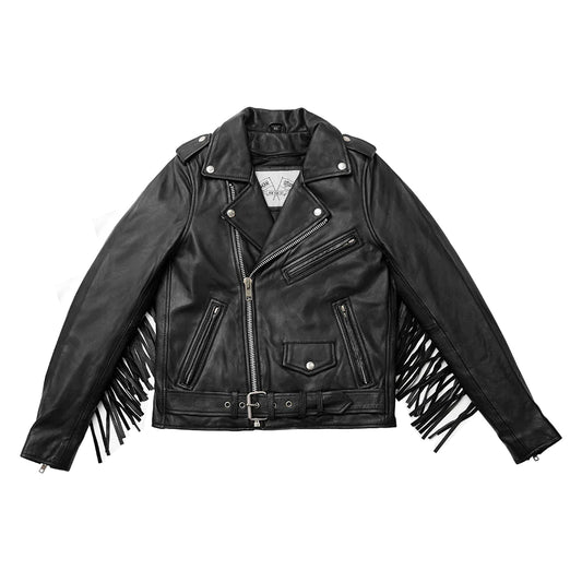 Lesley Rockstar women's black fashion leather motorcycle jacket with classic v-neck collar asymmetrical front zipper waist belt buckle slash chest and waist pockets with leather fringe on sleeves and back