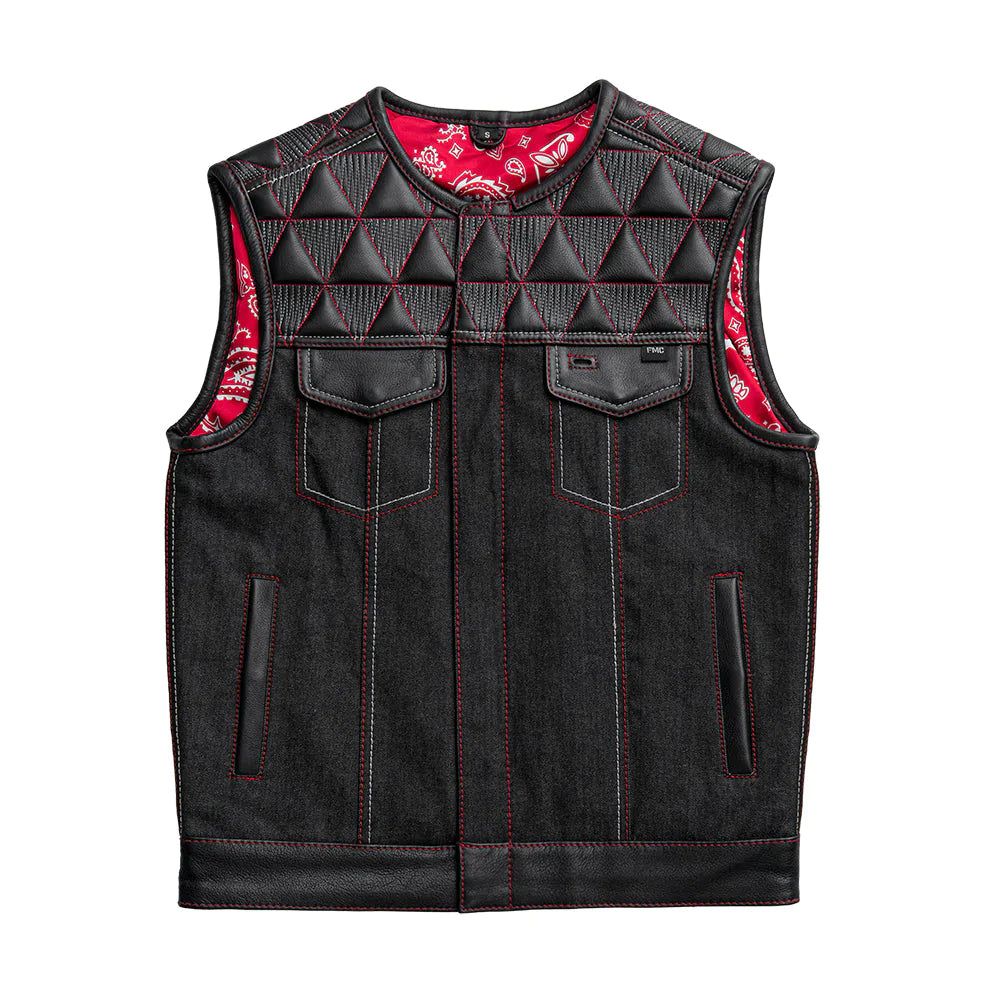 Rush Men's Black Red Denim Canvas Leather Club MC Motorcycle Vest Quilted Diamond Top Double Chest Pockets Low Collar Paisley Liner
