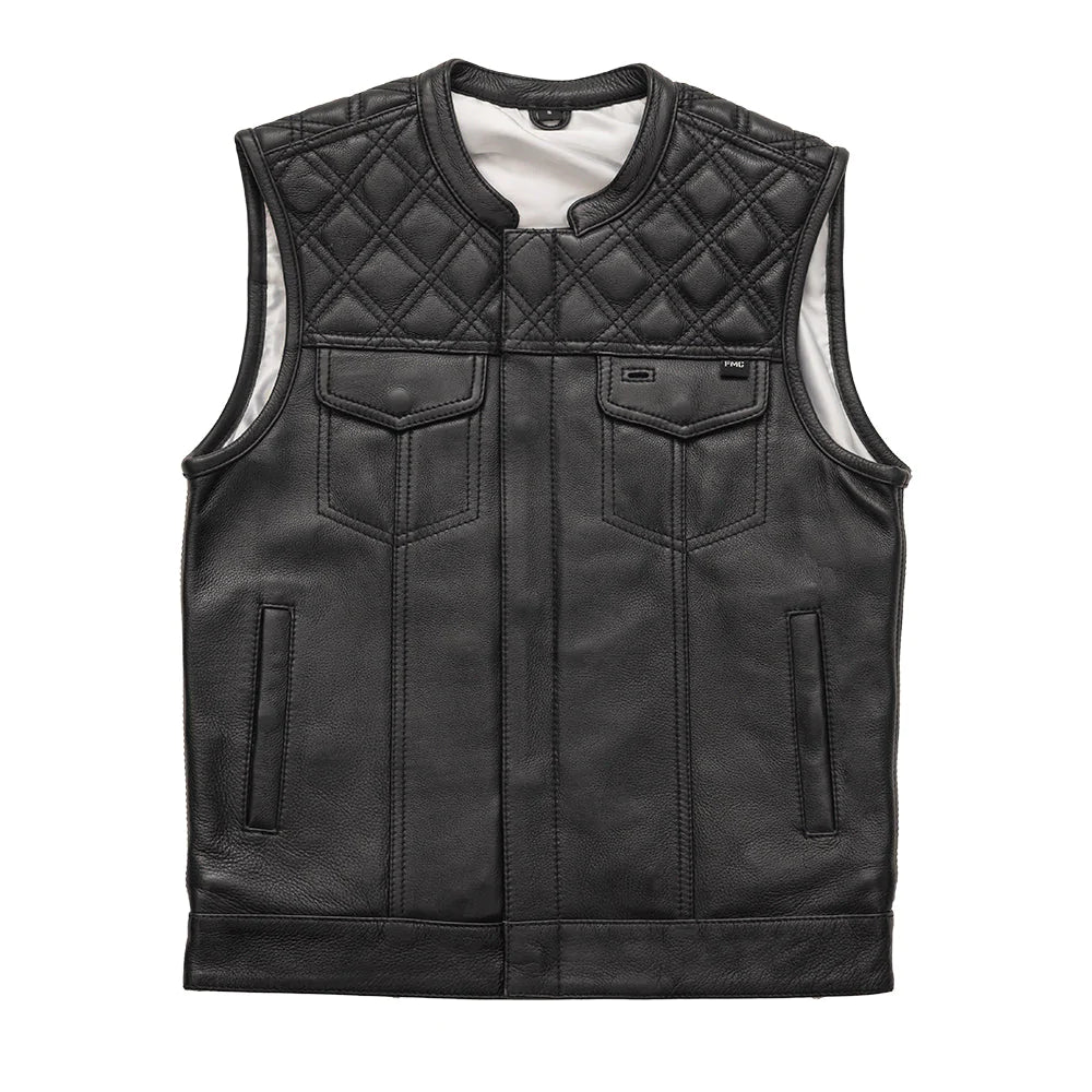 Ranger men's classic club mc black white leather motorcycle vest high banded collar front zipper covered snaps white interior quilted shoulders double chest pockets