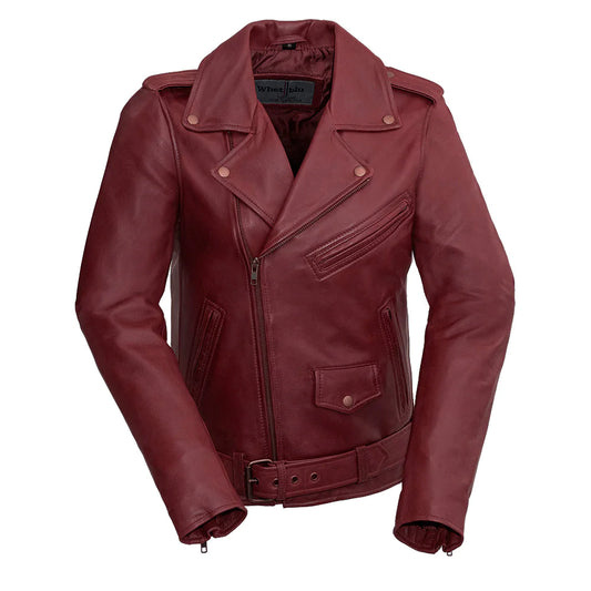 Rebel women's oxblood red classic lambskin leather motorcycle jacket with v-neck collar asymmetrical front zipper single slash chest pocket waist belt buckle