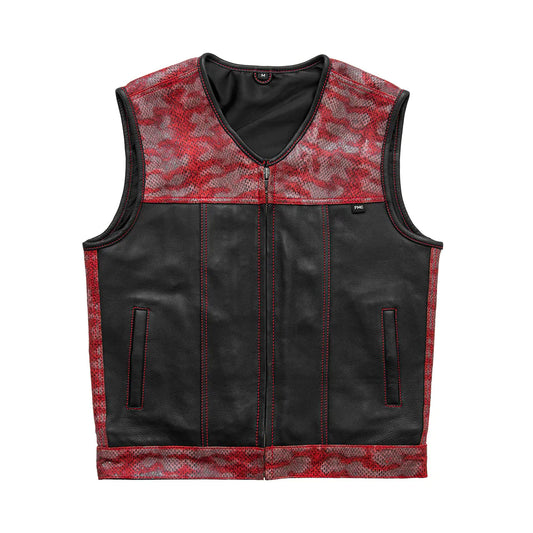 Red Racer men's classic club mc red black leather motorcycle vest v-neck collar front zipper slash waist pockets camo shoulders and trim solid back