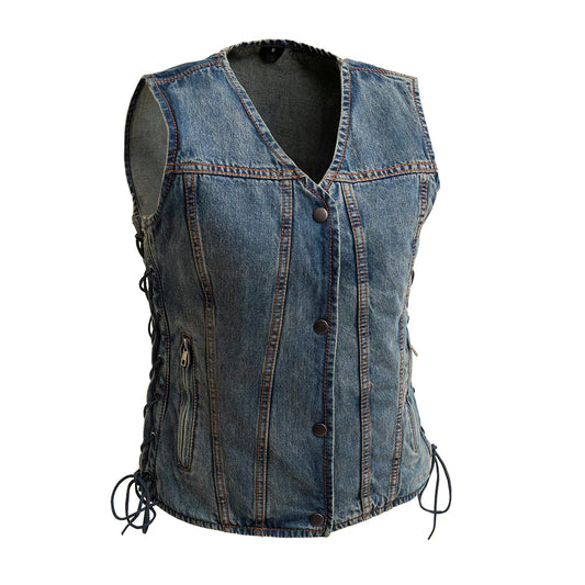 Tiff women's western blue jean denim club mc motorcycle vest v-neck collar snap up front side lace