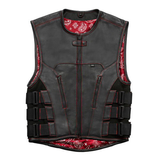 Talon Men's Black Leather Swat Style CLUB MC Motorcycle Vest Red stitch paisley liner triple strap sides velcro adjustable