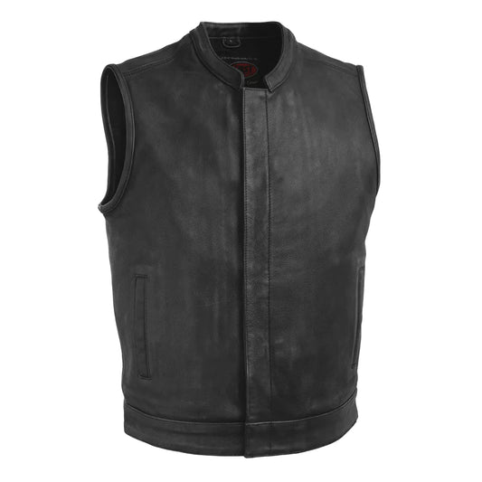 Top Rocker Men's Solid Black Leather Club MC Motorcycle Vest solid front and back high banded collar front zipper covered snaps