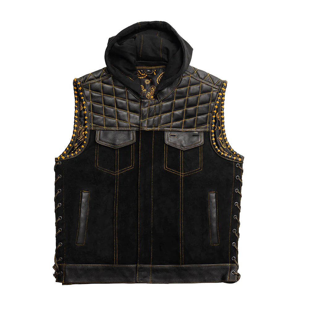 Unlucky Men's Black Twill Canvas and Leather Club MC Motorcycle Vest with Detachable Hood Yellow Stitching Quilted Diamond Top Paisley Liner Lace up sides