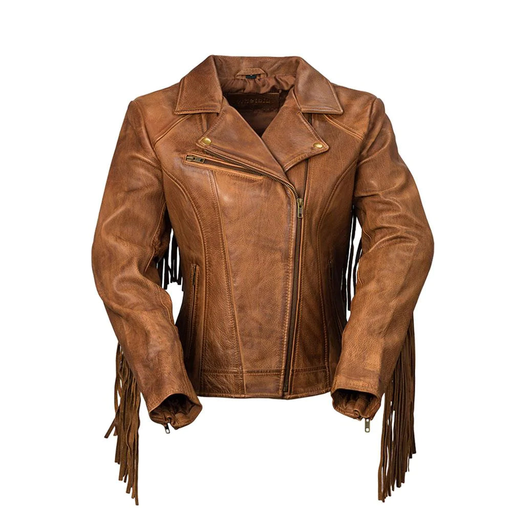 Diasy Women's Vintage Antique Whiskey Brown Leather Motorcycle Fashion Leather Jacket with Classic V-Neck Collar Asymmetrical Front Zipper Single Slash Chest Pocket and Leather Fringe on Sleeves and Back