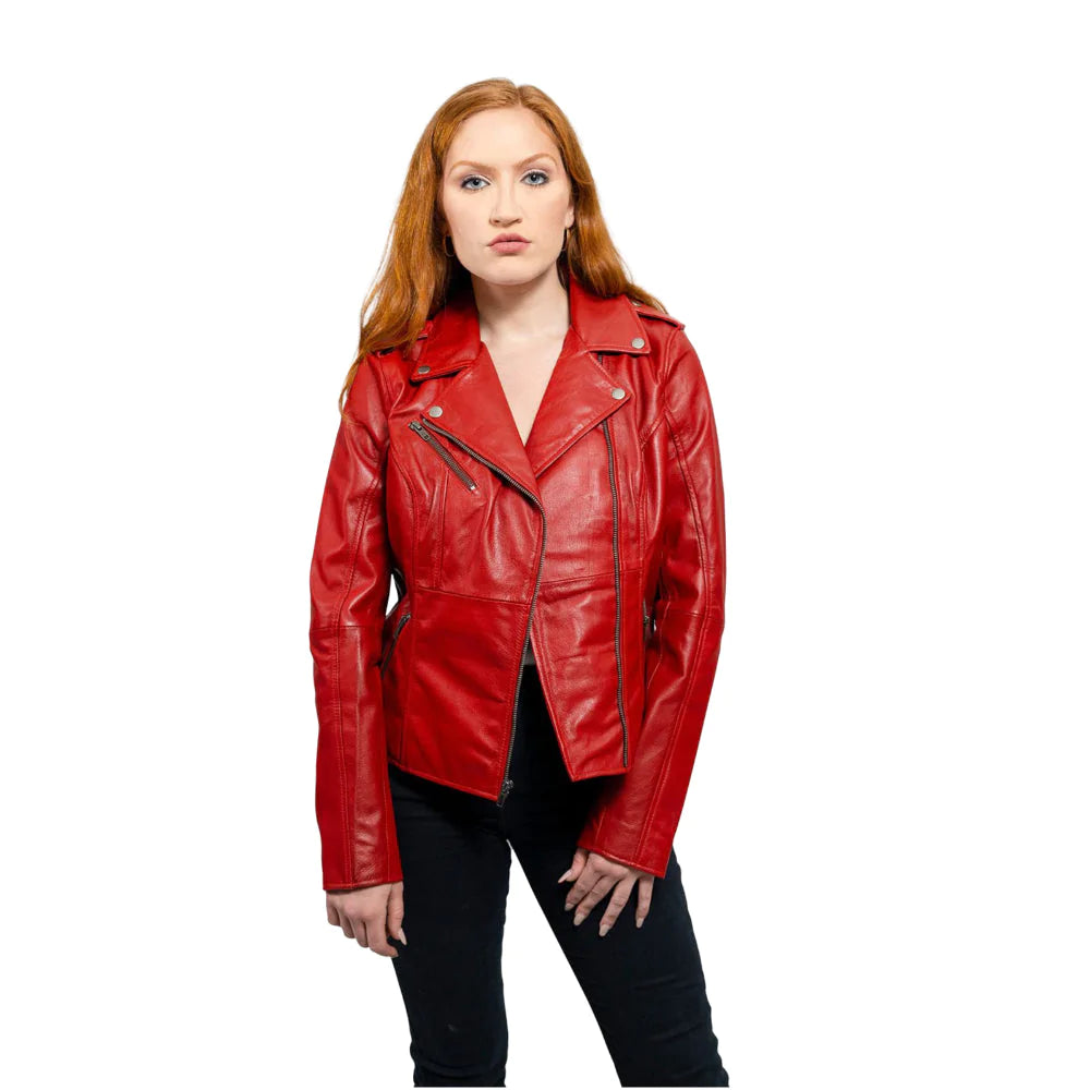 Abigail Women's Vintage Red Leather Fashion Motorcycle Jacket with Classic V-Neck Collar Asymmetrical Front Zipper Two Waist Pockets