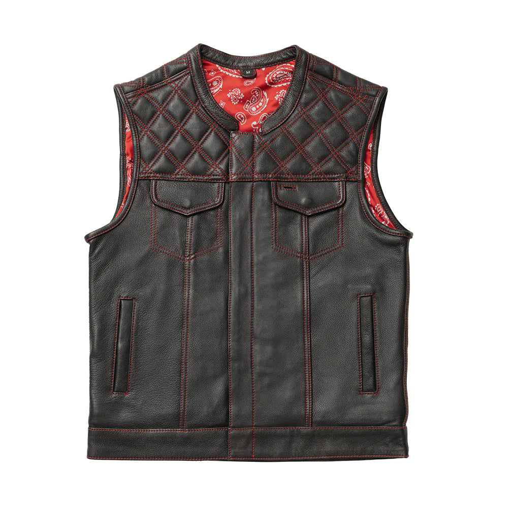 Whaler Red Men's Black leather club mc motorcycle vest red stitching quilted diamond top double chest pockets High banded collar paisley liner