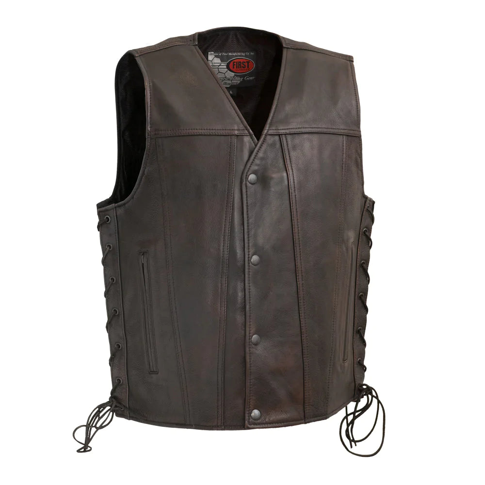 High Roller men's classic club mc antique copper brown leather motorcycle vest v-neck collar lace up sides double slash waist pockets