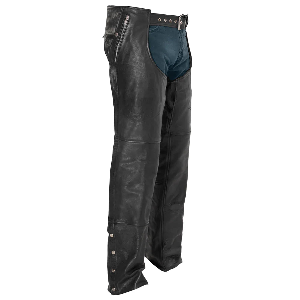 Wind Walker Unisex Solid Black Cowhide Leather Motorcycle Chaps Deep Side Pockets with Zipper Four Snap Ankle Reinforced Liner
