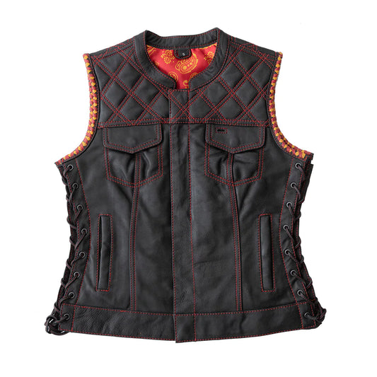 Torch Women's Black Leather Club MC Motorcycle Vest Red Stitching Quilted Diamond Top Paisley Liner Lace Up Sides