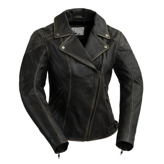 Stephanie women's antique black fashion lambskin leather motorcycle jacket with v-neck collar asymmetrical front zipper decorative seams reinforced shoulders