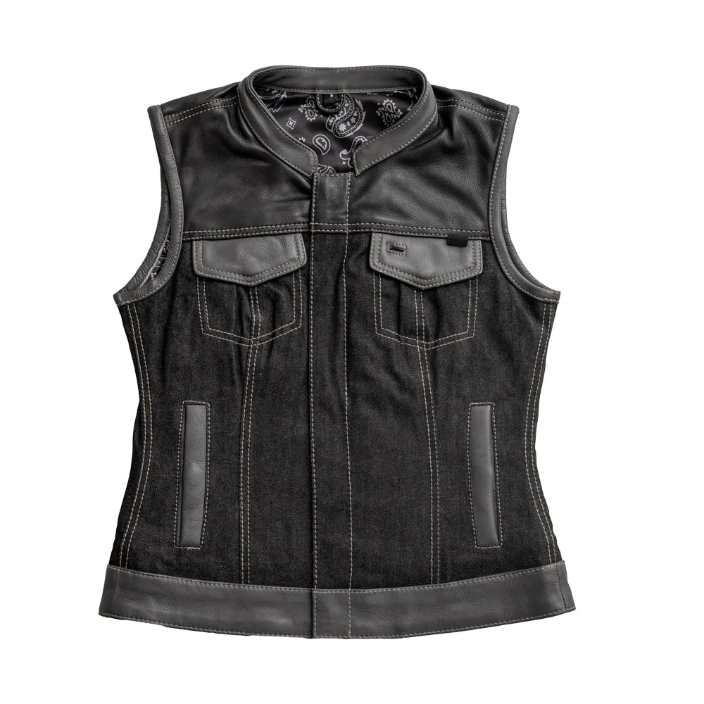 Guardian Women's Black Gray Denim Leather Club MC Motorcycle Vest High Banded Collar Front Zipper Covered Snaps Paisley Interior Double Chest Pockets