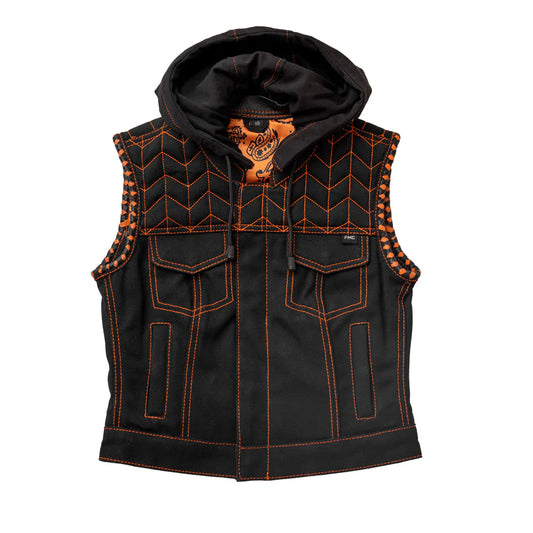 Cross Fox Women's Club MC style denim canvas motorcycle vest with removable hood black and orange stitch paisley interior