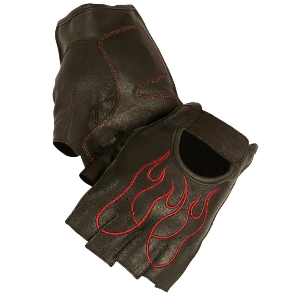 Flame Glove Black Red Fingerless Perforated Motorcycle Riding Gloves Red Stitch Flame Design Gel Padded Palm