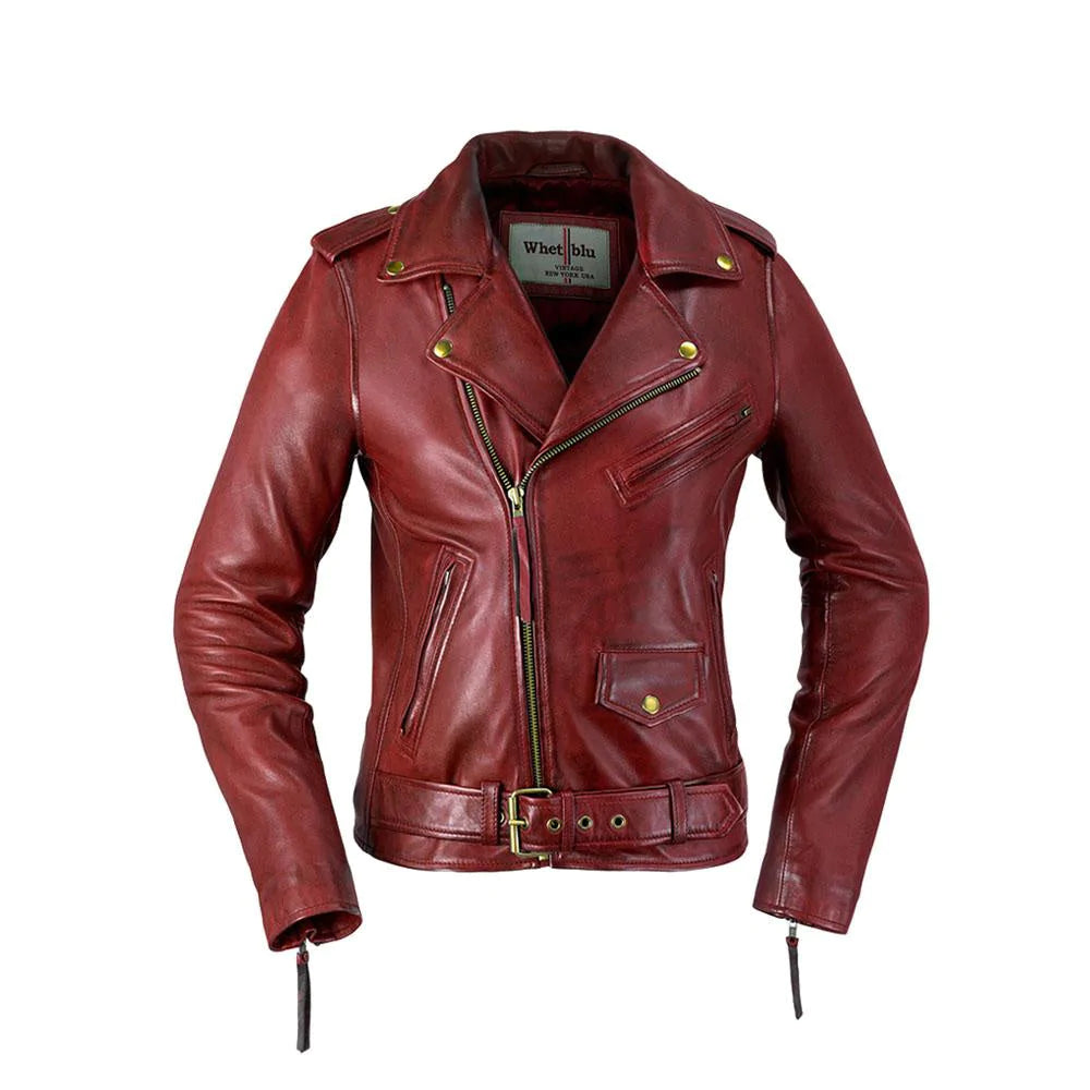 Rockstar women's oxblood red classic lambskin leather motorcycle jacket with v-neck collar asymmetrical front zipper single slash chest pocket waist belt buckleWomen's Motorcycle Premium Leather Fashion Jacket Clothing Outerwear Style Apparel