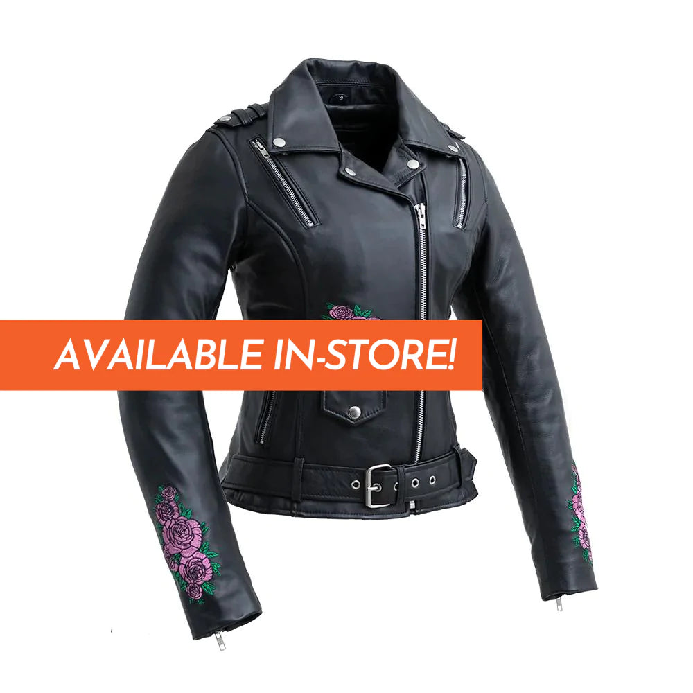 Bloom Women's Black Leather Classic Motorcycle Jacket with V-Neck Collar Asymmetrical Front Zipper Waist Belt Buckle Double Slash Chest Pockets Embroidered Rose Design
