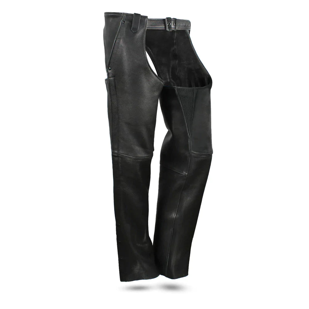Bully Black Cowhide Leather Motorcycle Riding Chaps Deep Pockets