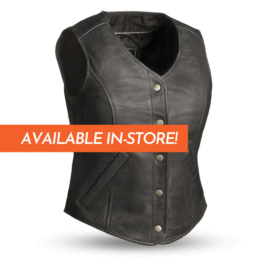 Derringer women's classic club mc black leather motorcycle vest v-neck collar front snaps slash waist pockets mesh liner solid back