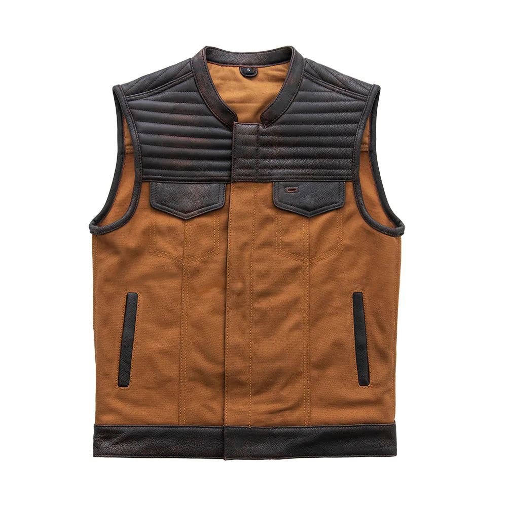 Bison Vest Men's Duck Canvas Black Leather Quilted Motorcycle Vest Front Zipper Covered Snaps High Banded Collar Club MC Style