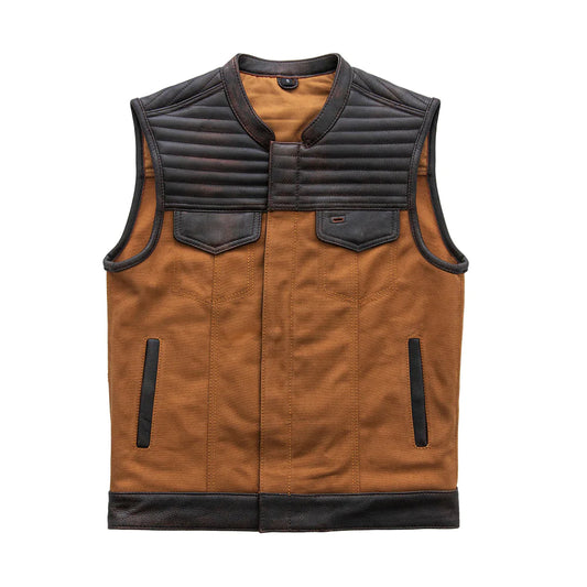 Bison Vest Men's Duck Canvas Black Leather Quilted Motorcycle Vest Front Zipper Covered Snaps High Banded Collar Club MC Style