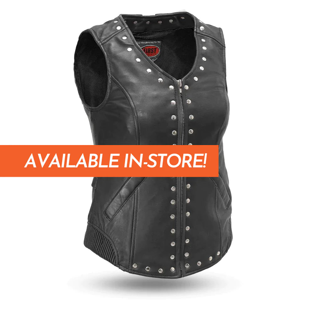 Empress women's classic club mc black studded leather motorcycle vest zipper front double slash waist pockets lace up corset back