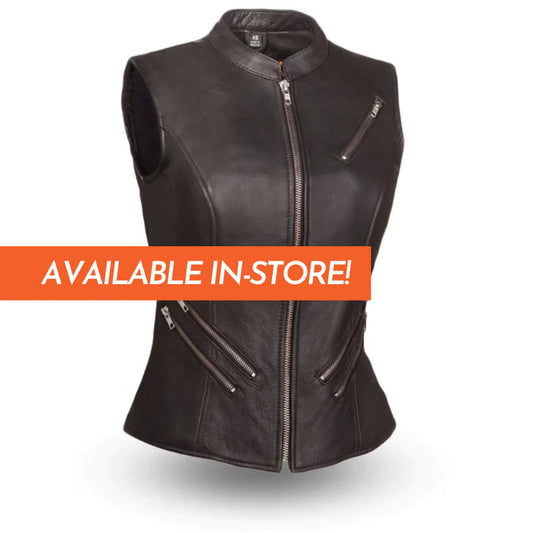 Fairmont women's modern european cafe scooter black leather motorcycle vest high banded collar zipper front slash zipper pockets on waist and chest solid back mesh liner