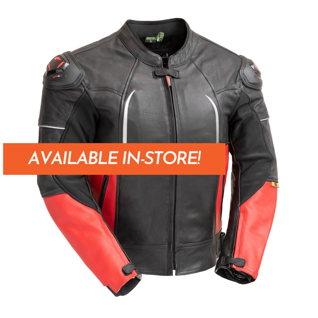 Men's Black and Red Leather Motorcycle Racing Style Jacket with armor padding, white trim, high collar with snap, front zipper, armored shoulder pads, adjustable waist