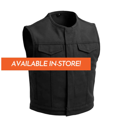 Lowside Men's Black Heavy Canvas Club MC Motorcycle Vest Low Collar Double Chest Pockets Front Zipper Covered Snaps Solid Back