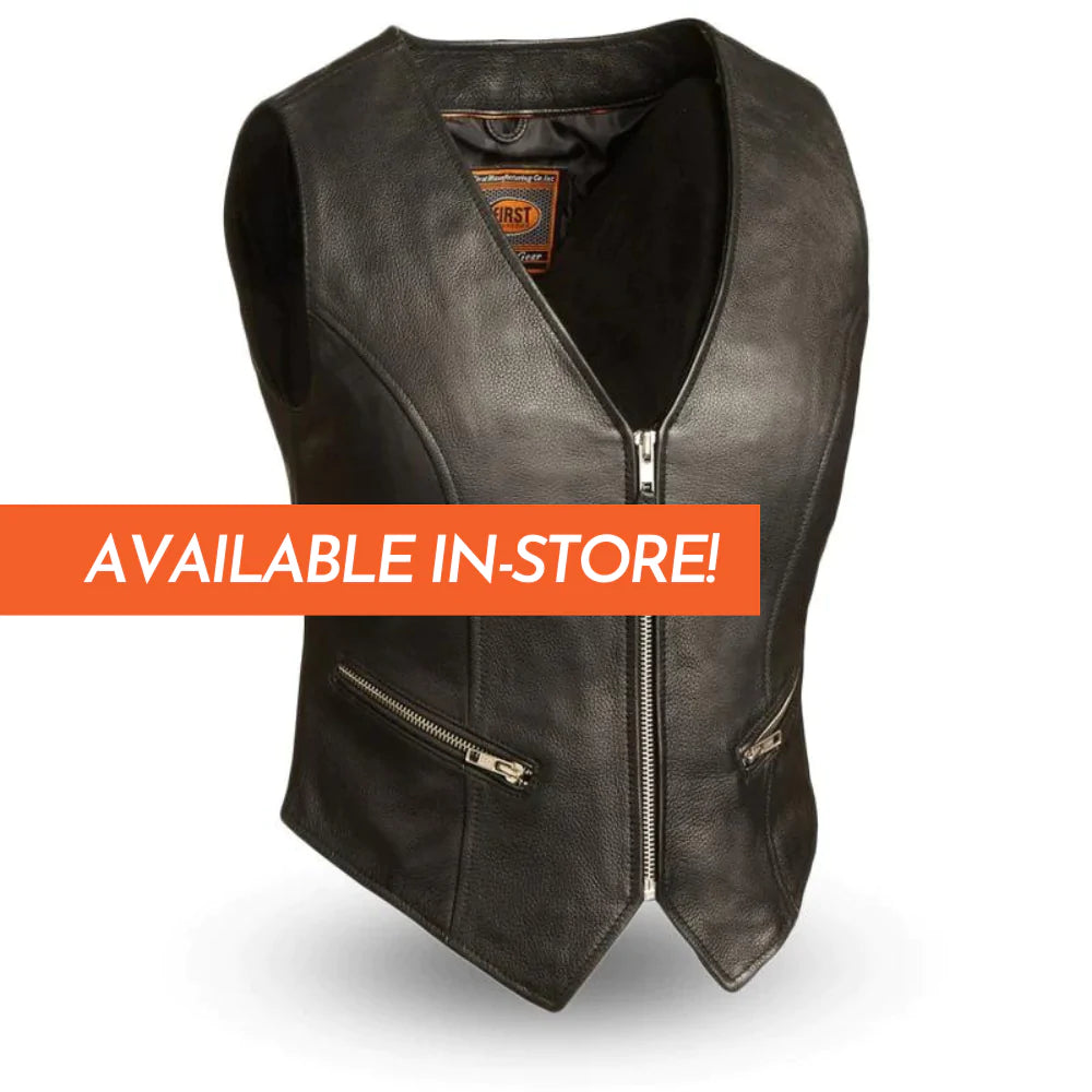 Montana women's classic club mc black western style leather motorcycle vest v-neck collar front zipper lower waist slash pockets mesh liner solid back