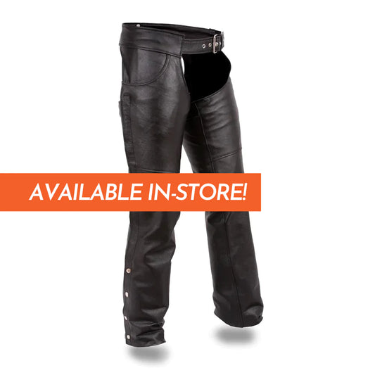Rally Black Cowhide Leather Motorcycle Riding Chaps Deep Pockets Snap Bottom Ankles