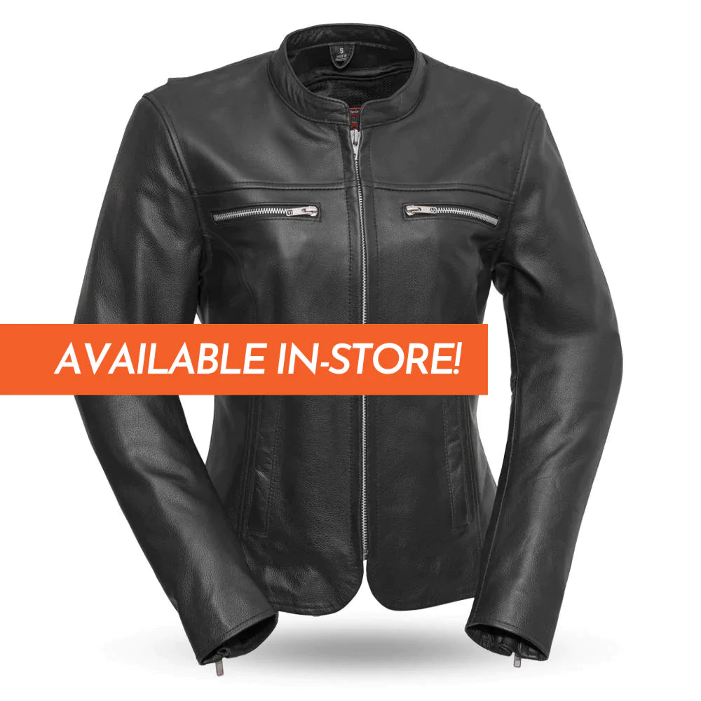 Roxy women's black european cafe scooter style leather motorcycle jacket with high banded collar front zipper double zipper chest pockets