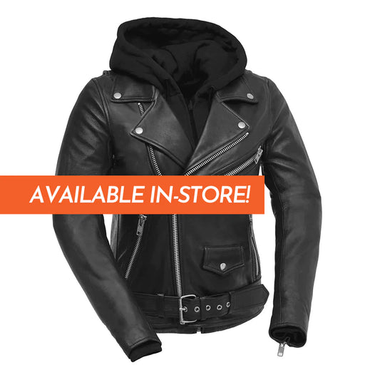 Ryman women's classic black leather motorcycle jacket with v-neck collar asymmetrical front zipper removable hood and liner single slash chest pocket waist belt buckle