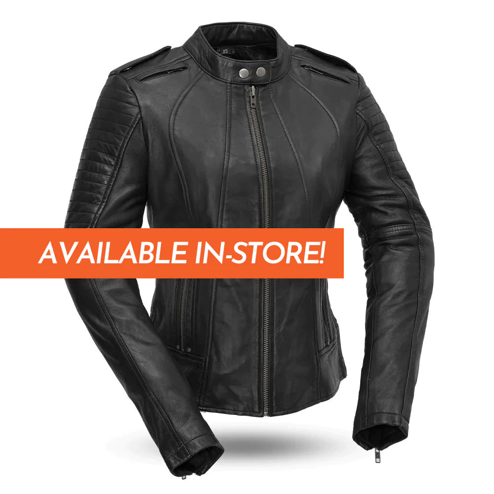 Sexy Biker Women's Black European Cafe Scooter Racer Style Leather Motorcycle Jacket with High Snapped Collar Front Zipper Shoulder Air Vents Armored Sleeves