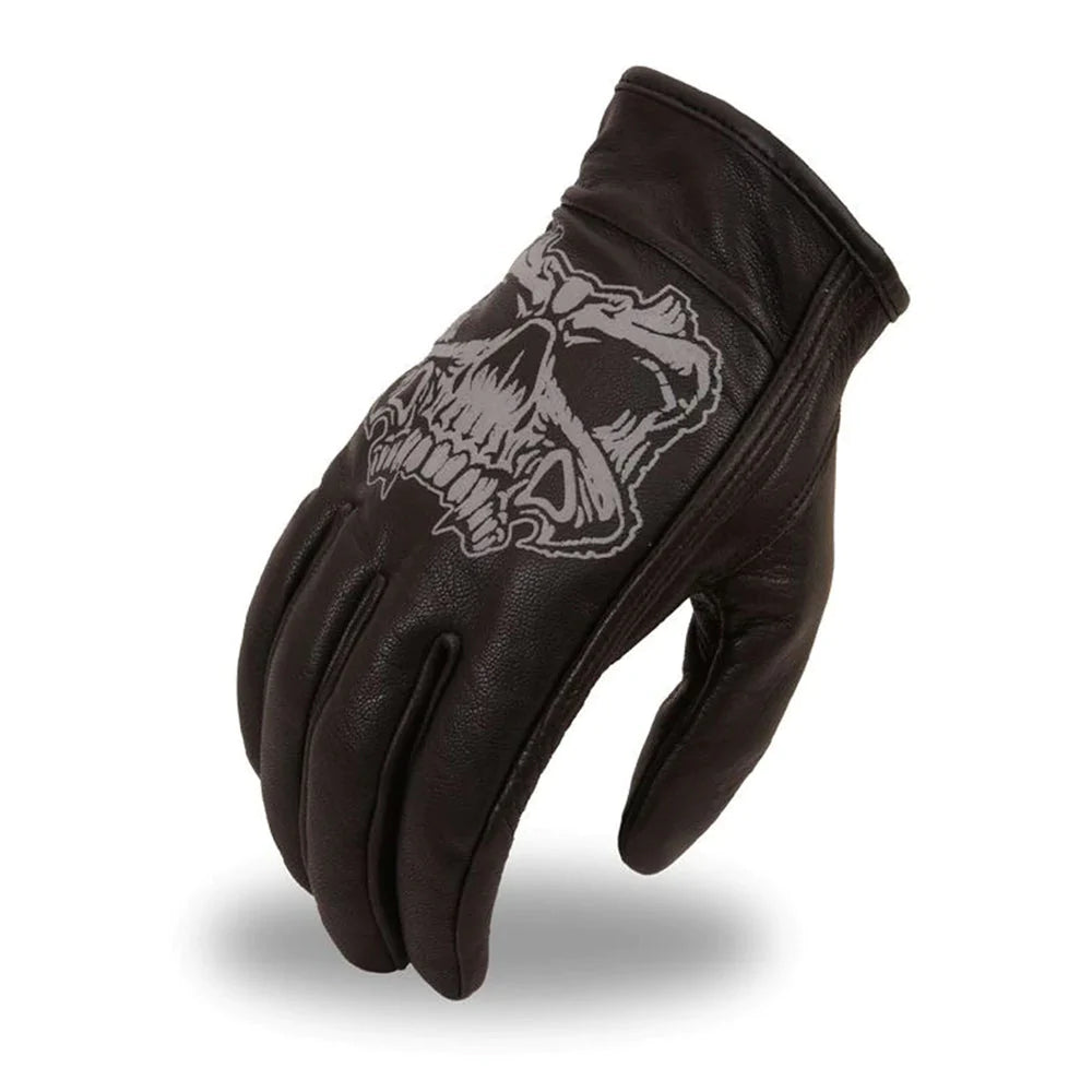 Ghost Black Skull Goat Skin Leather Motorcycle Riding Gloves Short Cuff Padded Palm Full Finger's