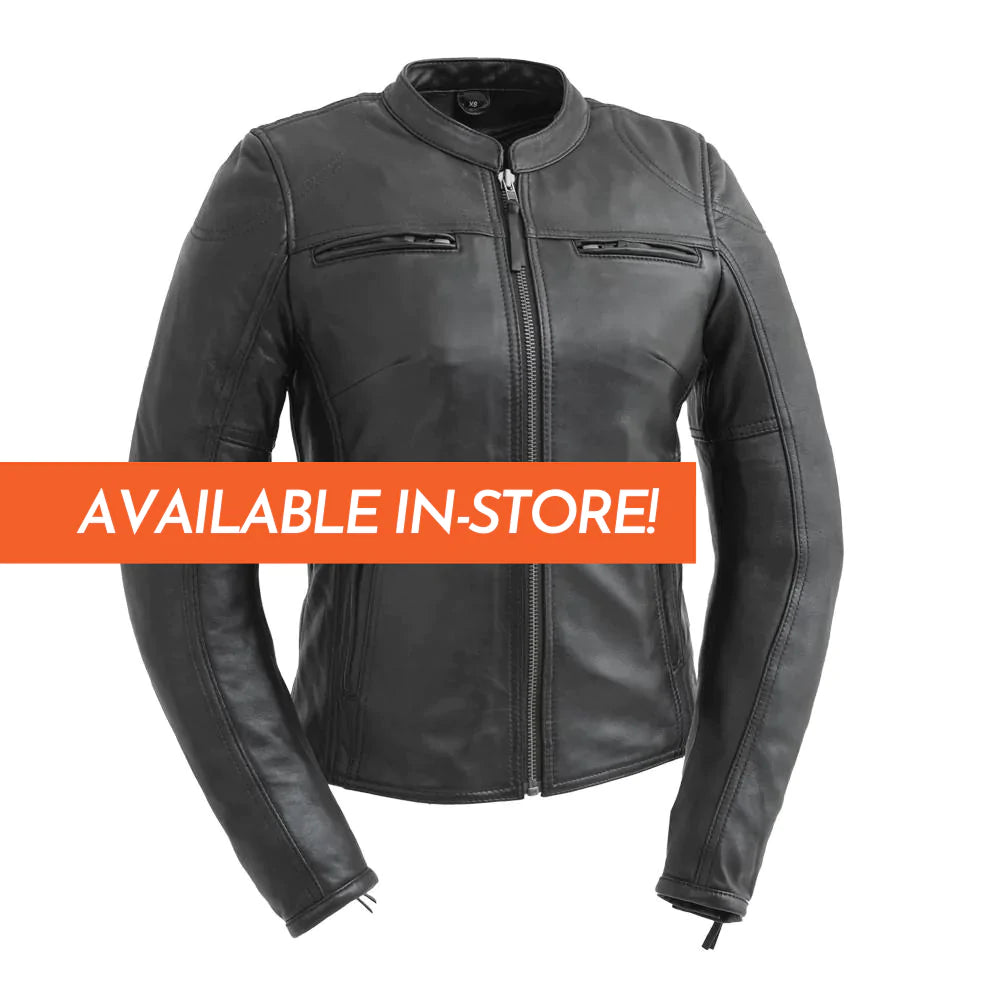 Supastar women's black european cafe racer scooter style leather motorcycle jacket with high banded collar front zipper double zipper chest pockets
