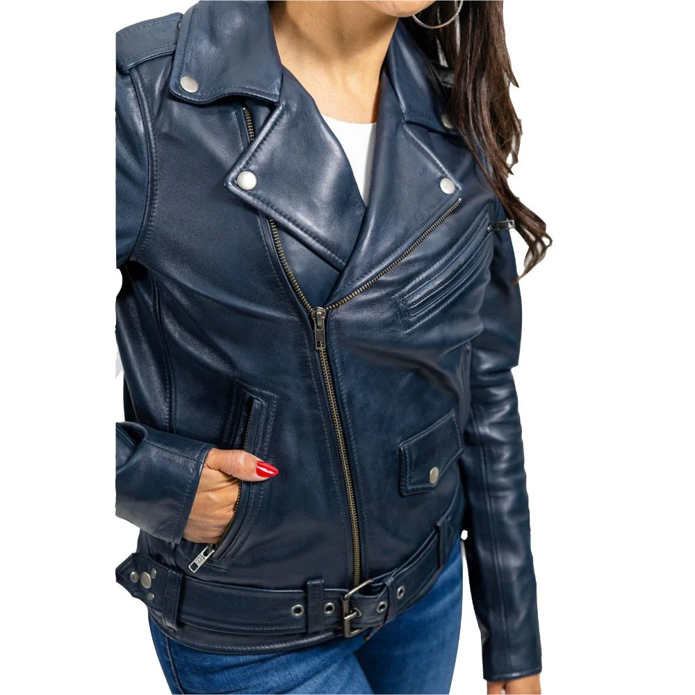 Rebel Womens Fashion Leather Jacket Navy Blue